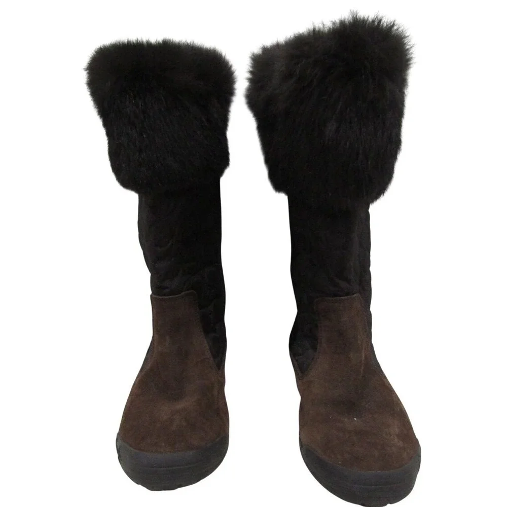 Coach Talen Quilted Suede Fur Trim Side Zip Boots Women's‎ Size 9.5M Brown Black